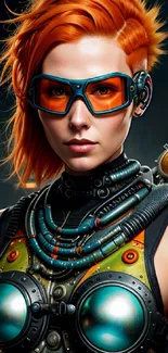 Futuristic cyberpunk heroine with orange hair and high-tech gear.