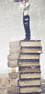 Person with telescope atop stacked books symbolizes exploration.