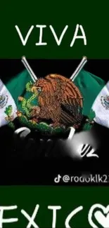 Viva Mexico wallpaper with flag emblem on a dark green background.