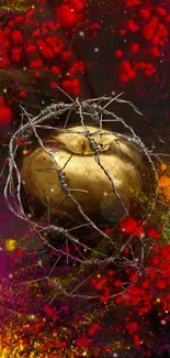 Golden apple with barbed wire on vibrant abstract background.