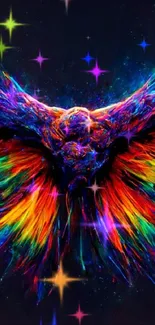 Vivid abstract bird art with bright colors on a dark background.