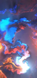 Vibrant abstract swirl of blue, orange, and purple colors forming a dynamic pattern.