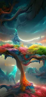 Surreal and vibrant abstract art with colorful, dreamlike scenery.