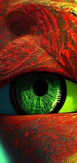 Abstract eye design with vivid red tones and a striking green iris.