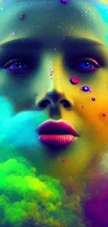 A vibrant abstract face surrounded by colorful clouds in a mobile wallpaper.