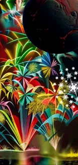 Colorful abstract fireworks with cosmic elements on dark background.