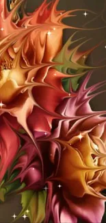 Abstract floral artwork with fiery petals and swirling colors for mobile wallpaper.