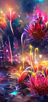 Vibrant abstract floral wallpaper with neon colors and dreamlike blossoms.