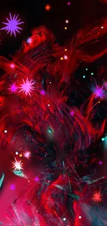 Vibrant abstract wallpaper with red, purple, blue hues and star patterns.