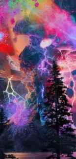 Vivid abstract forest with colorful lightning and cosmic elements.