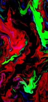 Abstract neon art with red, green, and black swirls on mobile wallpaper.