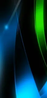 Vibrant abstract mobile wallpaper with black, blue, and green swirls.