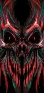 Abstract skull art with red and teal hues on a black background.