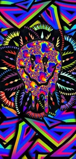 Psychedelic abstract wallpaper with colorful smiley face design.