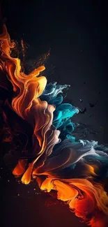 Vivid abstract swirl with orange and blue hues on a dark background.