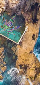 A mesmerizing aerial view of a coastal pool with colorful artistic design.