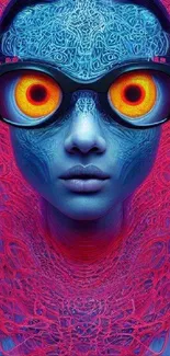 Futuristic alien portrait with vibrant blue and red hues.