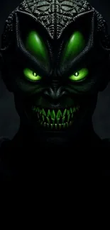 Dark alien creature with glowing green eyes wallpaper.