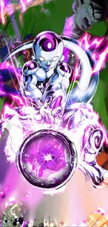 Anime character with vibrant purple energy effects.