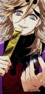 Anime character with blonde hair holding item, dynamic background.