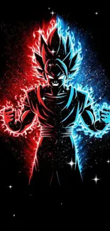 Anime character glowing with red and blue energy on black wallpaper.