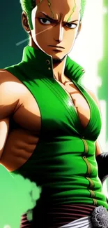 Anime warrior in vibrant green attire with muscular build on a mobile wallpaper.