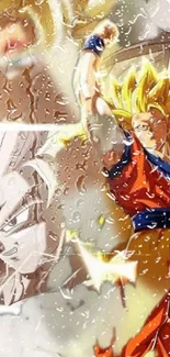 Anime hero in action pose, vibrant colors with raindrop effect.