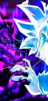 Anime characters in a colorful battle scene with blue and purple hues.