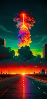 Vibrant apocalyptic scene with a city road and dynamic explosion.