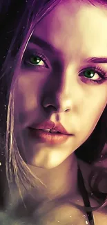 Vivid portrait wallpaper with green eyes and purple hues.