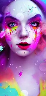 Vivid and artistic face with colorful splash effects on mobile wallpaper.