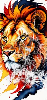 Artistic lion with vivid orange and blue hues in dynamic design.