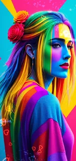 Vibrant and colorful artistic portrait on a geometric background.