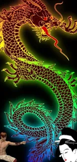 Vivid neon dragon artwork on black background with cultural elements.