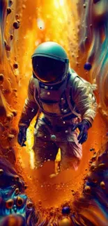 Abstract astronaut art with vivid orange and blue colors.