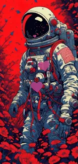 Astronaut walking through vivid red flowers in artistic wallpaper.