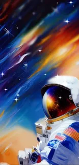 Vibrant astronaut in colorful galaxy background wallpaper.