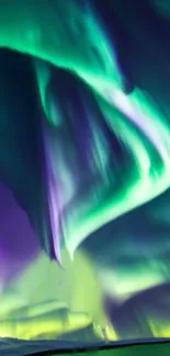 Aurora Borealis vivid green and purple lights in the night sky mobile wallpaper.