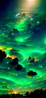 Vivid aurora sky with green hues illuminating the night.