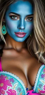 Blue-faced portrait with colorful attire.