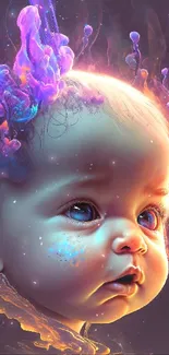 Vibrant fantasy art wallpaper with a baby and colorful swirls.