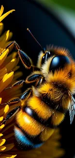 Close-up of a bee on a vivid yellow flower, showcasing nature's beauty.