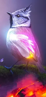 Fantasy bird glowing in vivid landscape with colorful, luminous elements.