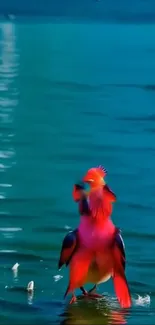 Vibrant red bird standing on blue water surface.