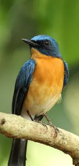 Colorful bird perched on a branch in vibrant greenery.