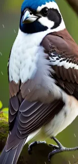 Colorful bird perched on a branch with green background.