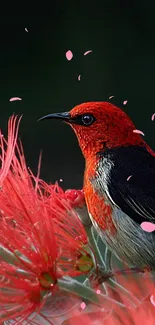 Vivid bird with red flowers and petals on mobile wallpaper.