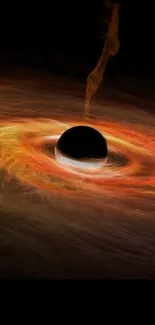 Vivid orange and black swirling black hole image.