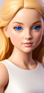 Portrait of a blonde doll with blue eyes, soft peach background.