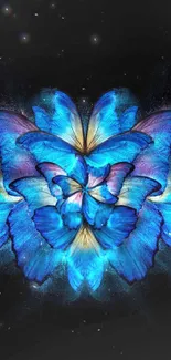 Vivid blue butterfly art on a black background wallpaper.